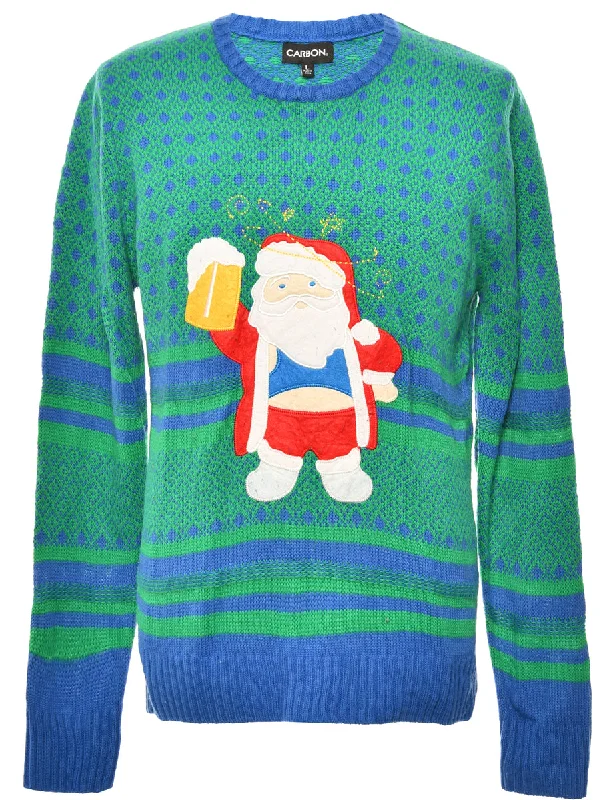 Santa Claus Green Christmas Jumper - L Wool Fabric Cashmere Fabric Tweed Fabric