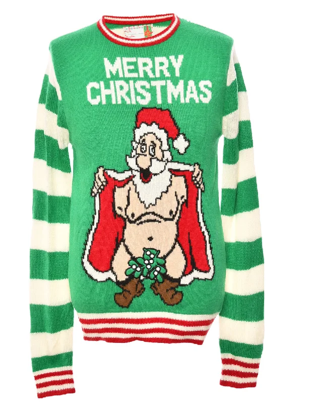 Santa Claus Green Christmas Jumper - S Toggled Drawstring Belted