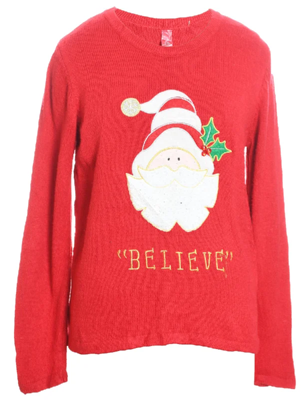 Santa Claus Red Knit Christmas Jumper - L Elegant Classic Vintage