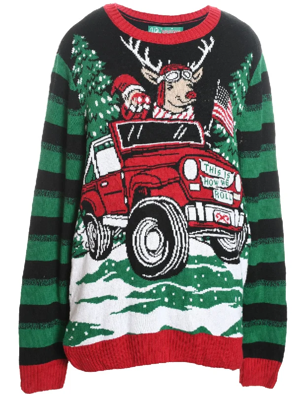 Santa Claus & Reindeer Christmas Jumper - L Jersey Fabric Tulle Fabric Batik Fabric