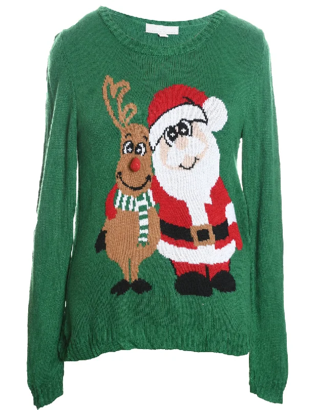 Santa Claus & Reindeer Christmas Jumper - L Turtle Neck Boat Neck Asymmetrical Neck