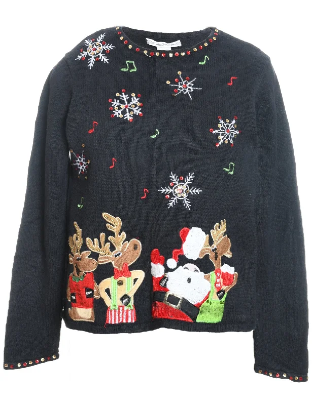 Santa Claus & Reindeer Christmas Jumper - L Front Pockets Side Pockets Patch Pockets