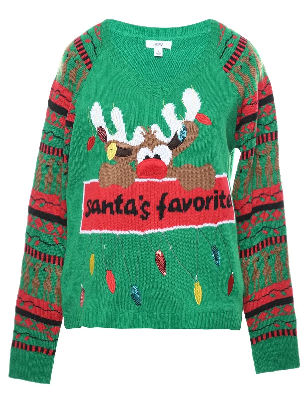 Santa Claus & Reindeer Christmas Jumper - L Solid Color Striped Floral Print