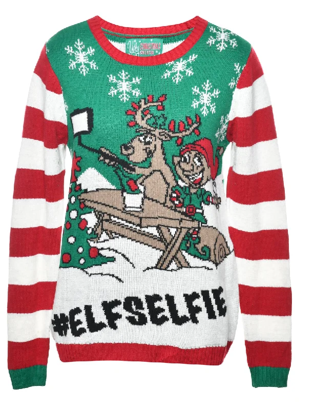 Santa Claus & Reindeer Christmas Jumper - M Spandex Rayon Corduroy