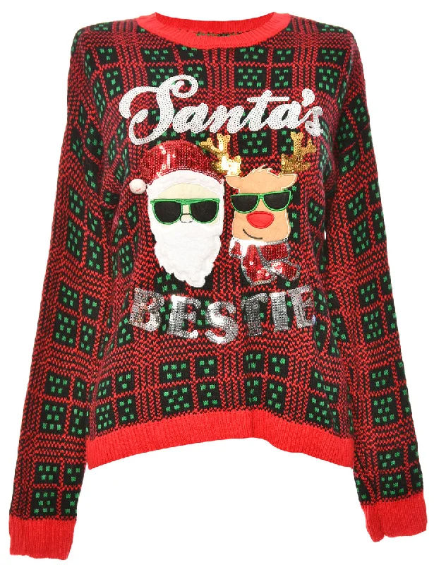 Santa Claus & Reindeer Christmas Jumper - M Toggled Drawstring Belted