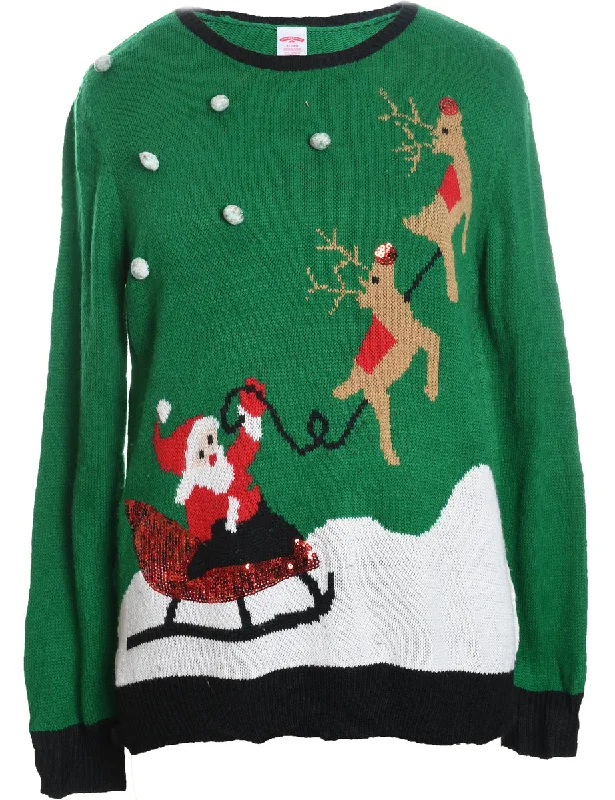 Santa Claus & Reindeer Christmas Jumper - XL Satin Blend Silk Blend Wool Blend