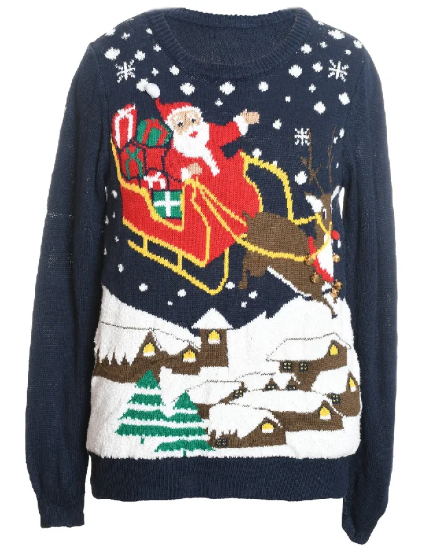 Santa Claus & Reindeer Design Navy Knit Christmas Jumper - M Plaid Sweater Polka Dot Checkered