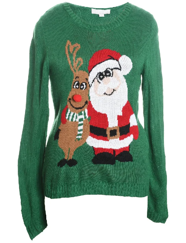 Santa Claus & Reindeer Green Knit Christmas Jumper - L Chenille Blend Fleece Blend Nylon Blend