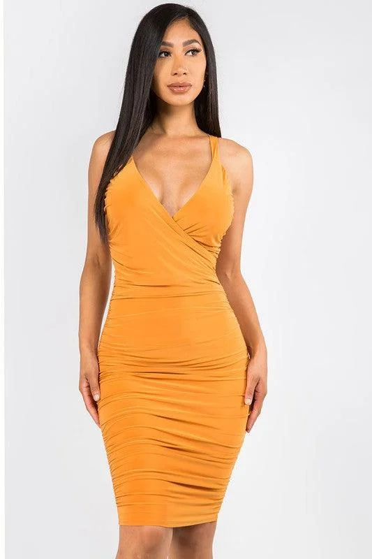 slinky surplice ruched dress