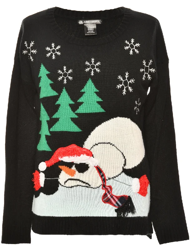Snowman Black Classic Christmas Jumper - L Fleece Sweater Nylon Polyester