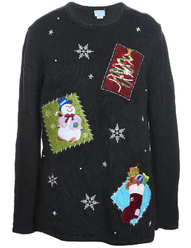 Snowman Black Embroiderd Christmas Jumper - M Oversized Loose Flowy