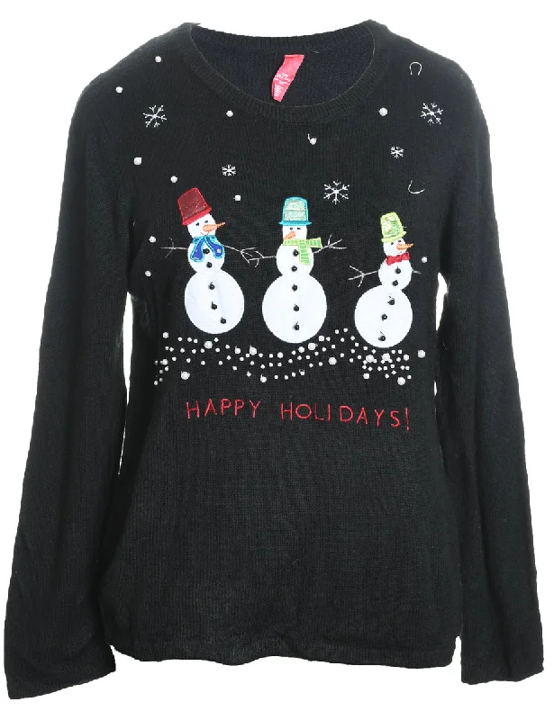 Snowman Christmas Jumper - L Handmade Hand-knitted Hand-woven