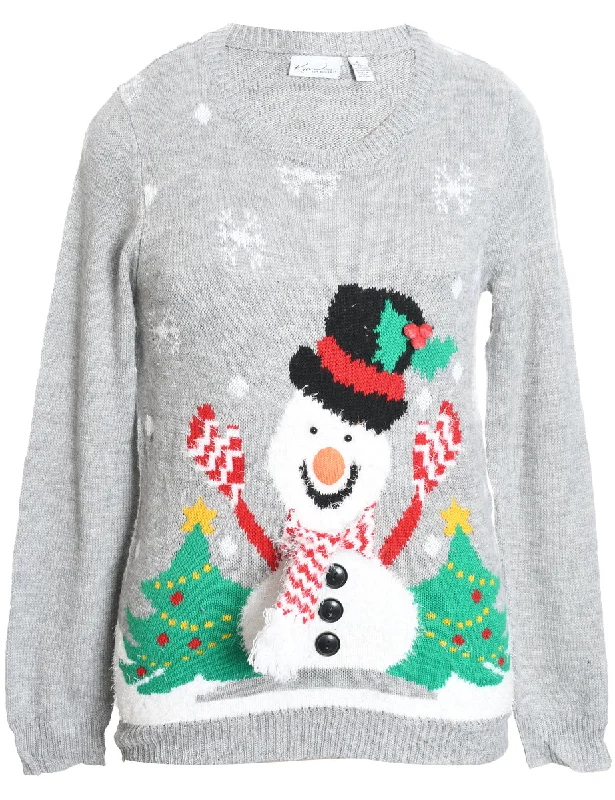 Snowman Christmas Jumper - L Ribbed Striped Patterned