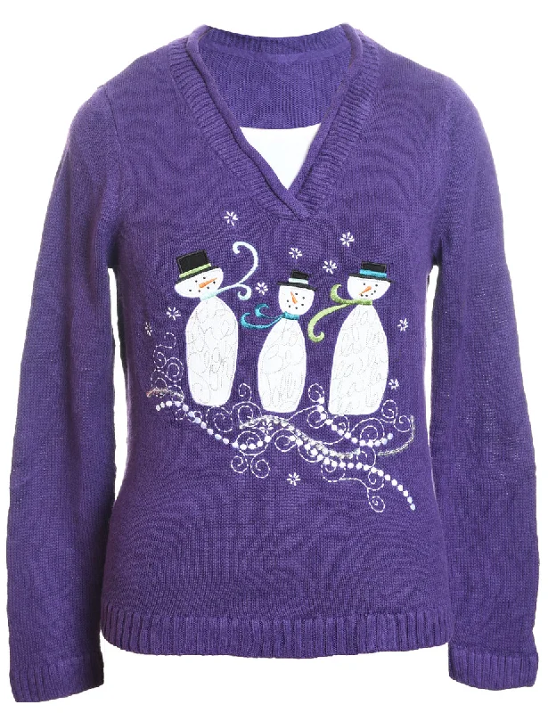 Snowman Christmas Jumper - M Glossy Satin Silk