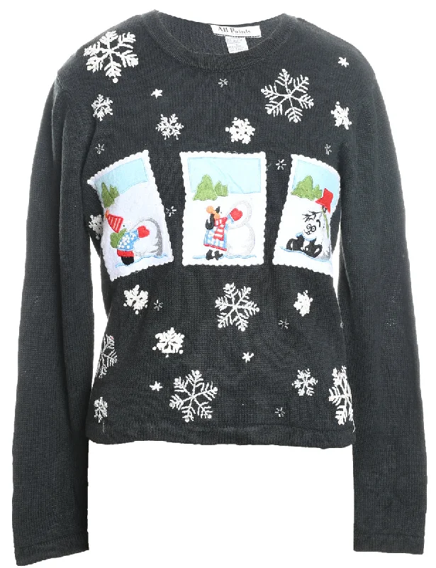 Snowman Design Black Embroidered Christmas Jumper - L Solid Color Striped Floral Print