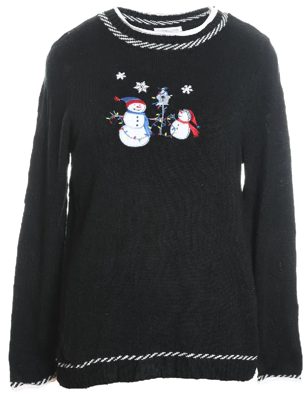 Snowman Design Black Embroidered Knit Christmas Jumper - M Sequined Glittery Shiny