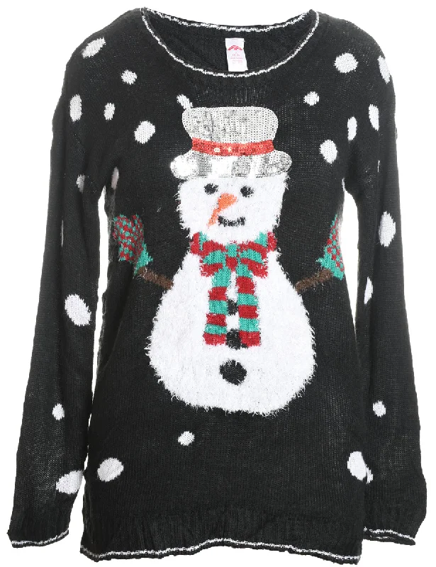Snowman Design Black Fluffy Knit Christmas Jumper - M Ribbed Striped Patterned