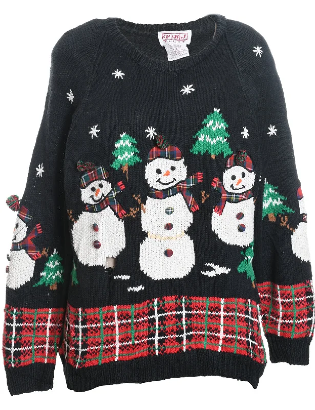 Snowman Design Black Knit Christmas Jumper - L Anti-Pilling Anti-Shrink Durable