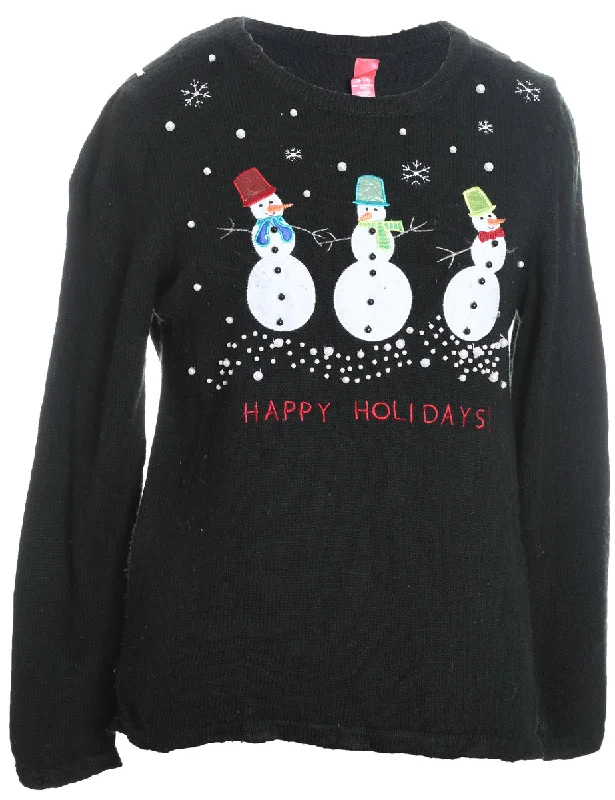 Snowman Design Black Knit Christmas Jumper - M Terry Blend Velvet Blend Canvas Blend