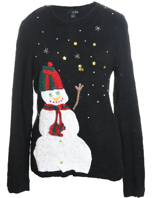 Snowman Design Black Knit Christmas Jumper - M Striped Floral Plaid