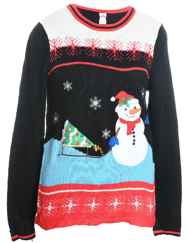 Snowman Design Black Knit Christmas Jumper - S Sequined Glittery Shiny