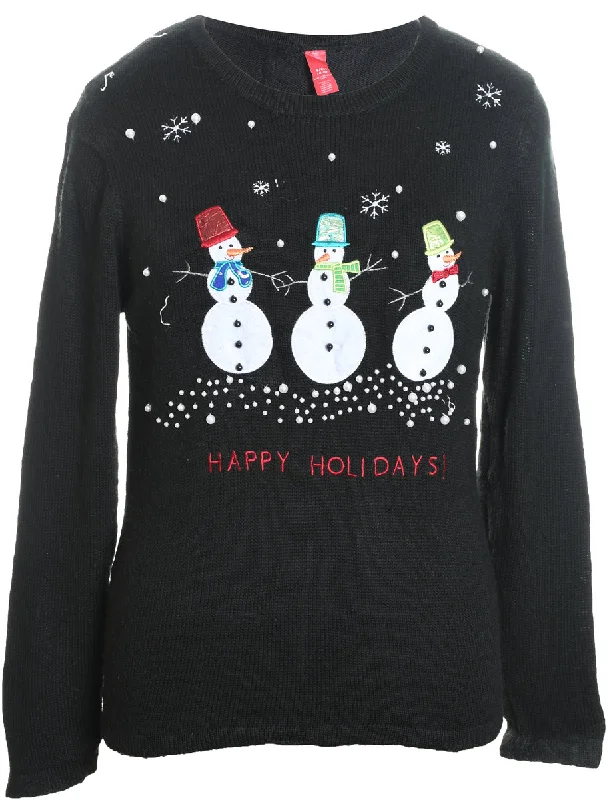 Snowman Design Black Knit Christmas Jumper - S Beaded Sweater Sequined Faux Fur