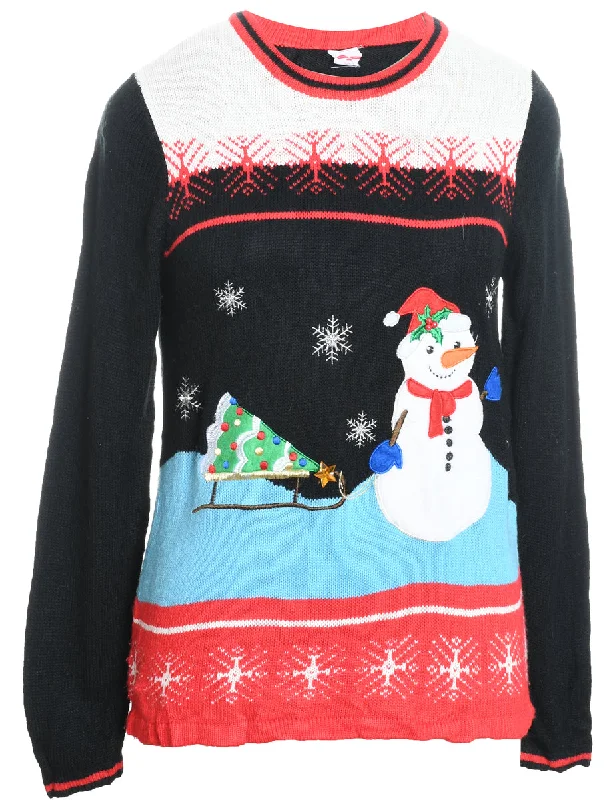 Snowman Design Black Knit Christmas Jumper - S Sequined Glittery Shiny