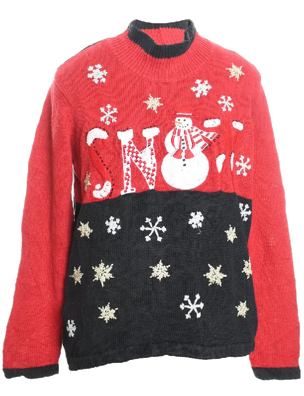 Snowman Design Black & Red Christmas Jumper - L Cable Knit Ribbed Knit Lace Knit