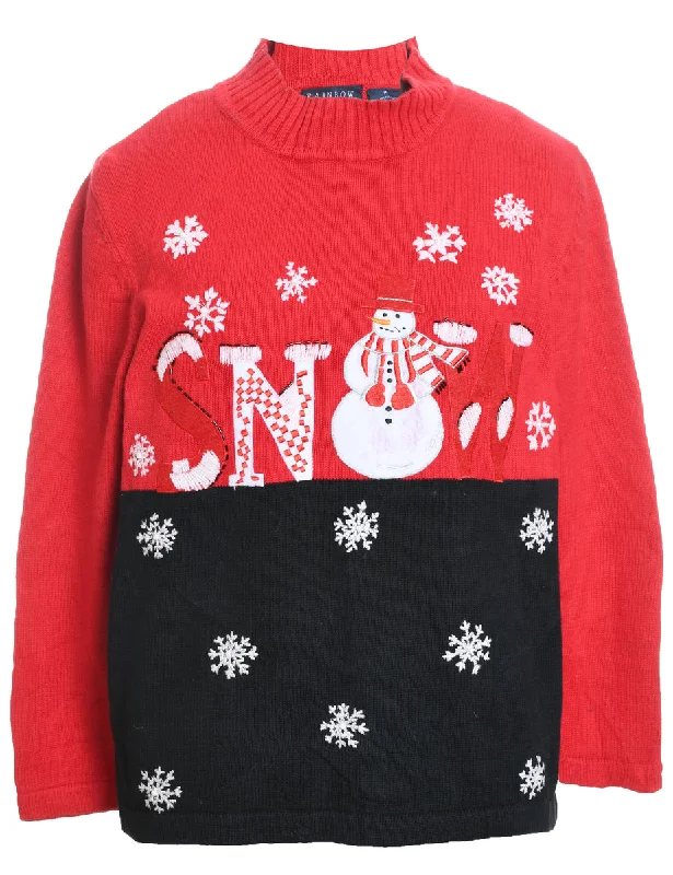 Snowman Design Black & Red Christmas Jumper - M Mesh Sweater Canvas Denim