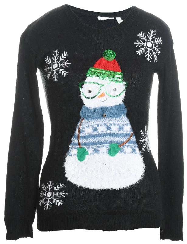 Snowman Design Black Sequined Knit Christmas Jumper - S Zippered Front Buttoned Front Snap Front