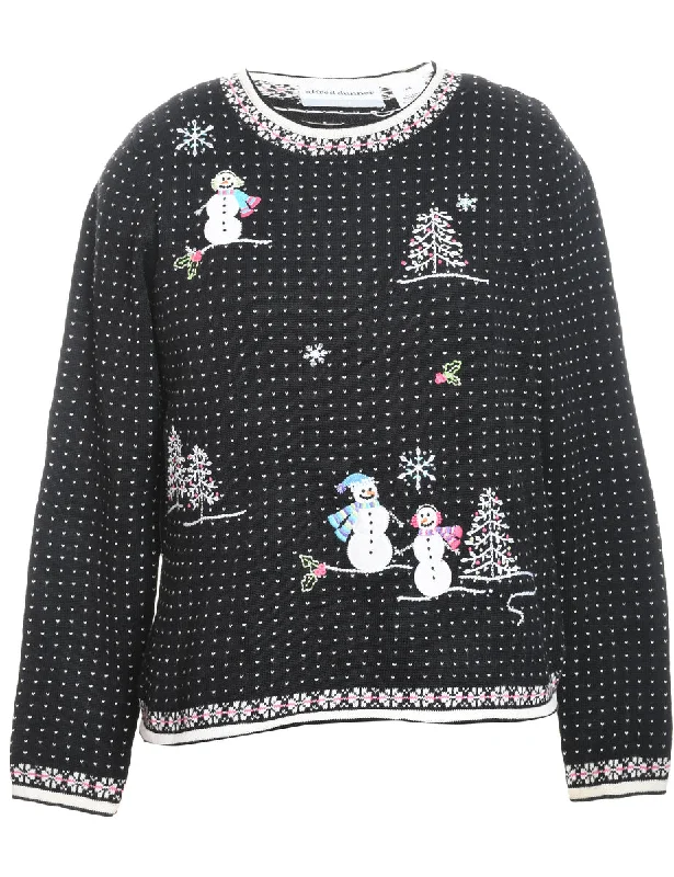 Snowman Design Black & White Embroidered Christmas Jumper - S Sweater Knitwear Pullover