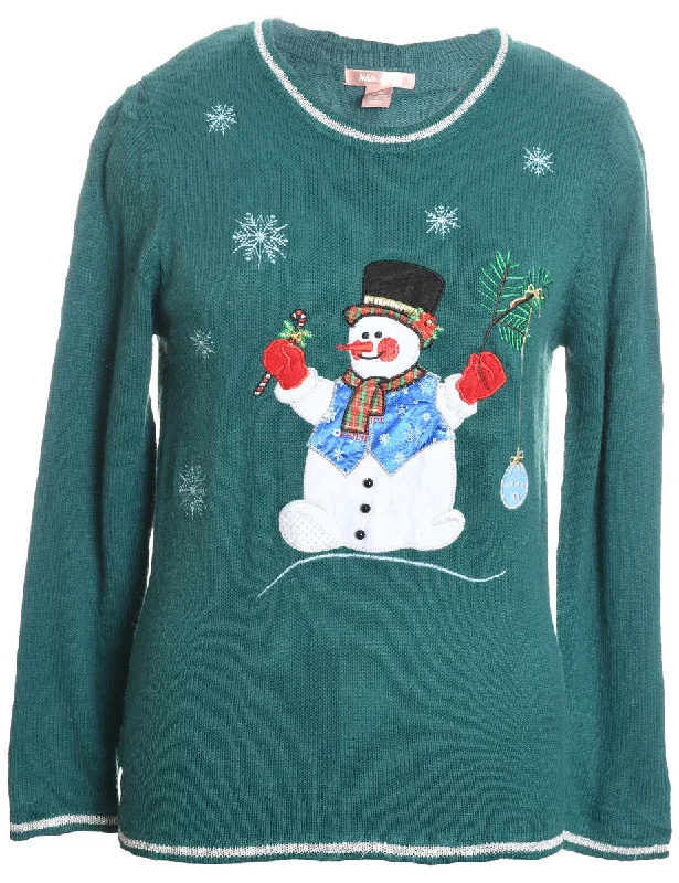 Snowman Design Green Knit Appliqued Christmas Jumper - M Mesh Sweater Canvas Denim