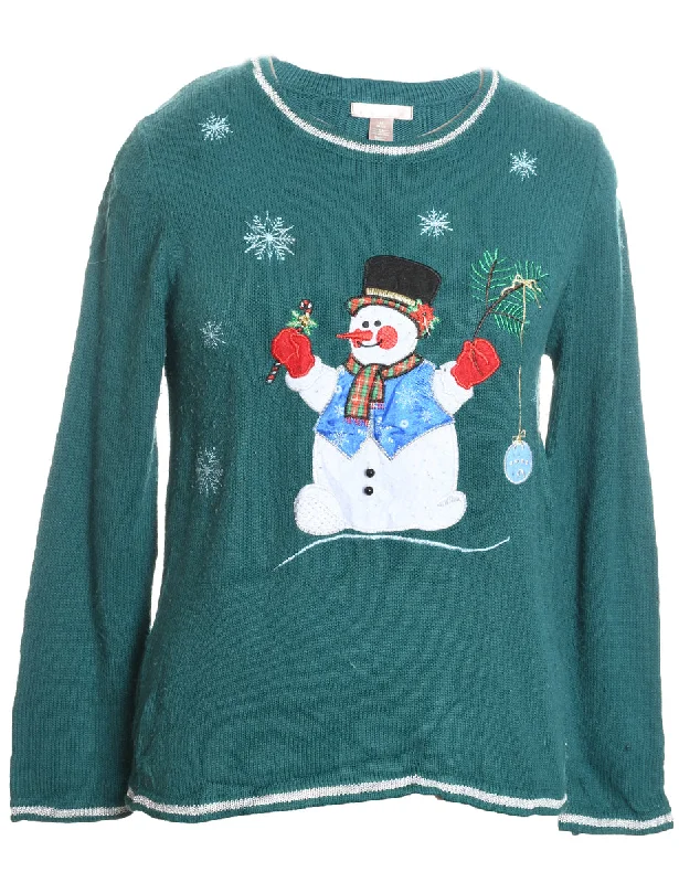 Snowman Design Green Knit Christmas Jumper - M Mesh Sweater Canvas Denim