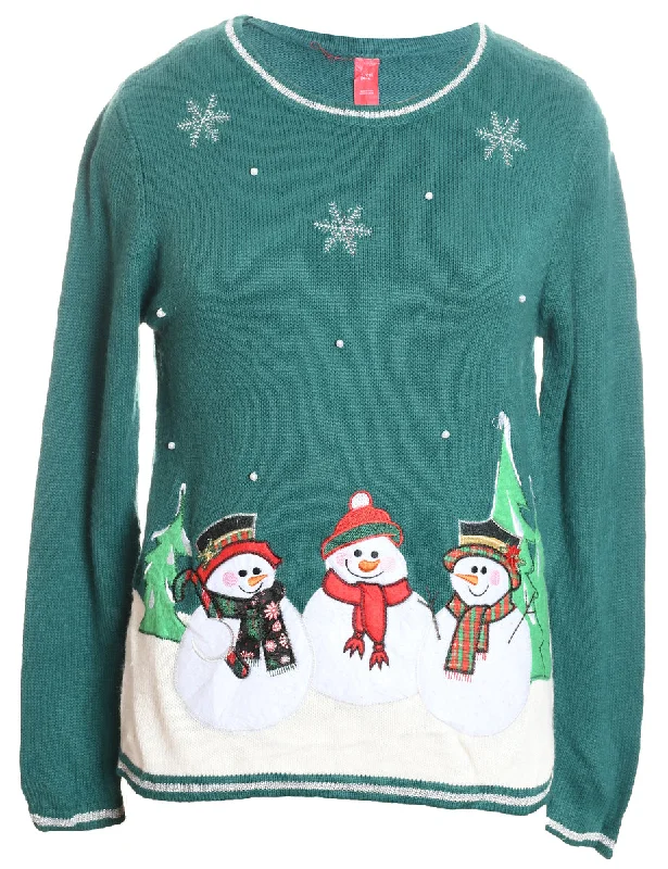 Snowman Design Green Knit Christmas Jumper - S Plaid Sweater Polka Dot Checkered