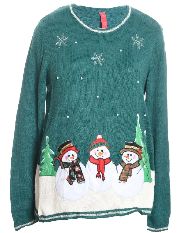 Snowman Design Green Knit Embroidered Christmas Jumper - L Chenille Blend Fleece Blend Nylon Blend