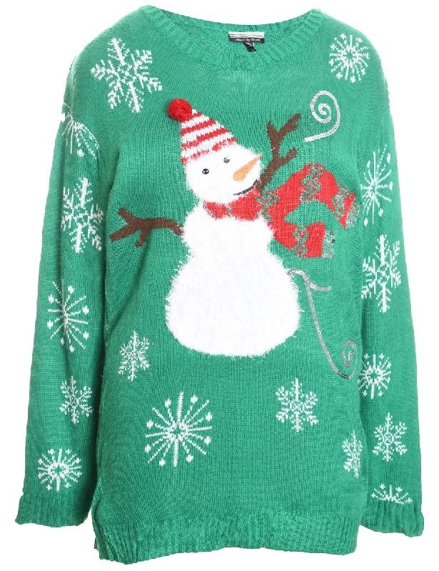 Snowman Design Green Striped Knit Christmas Jumper - XL Satin Blend Silk Blend Wool Blend