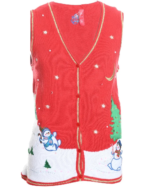 Snowman Design Knit Christmas Jumper - S Solid Print Embellished