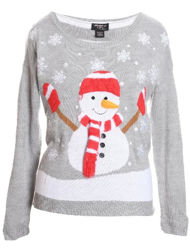 Snowman Design Light Grey, Red & White Christmas Jumper - L Fleece Fabric Down Fabric Feather Fabric