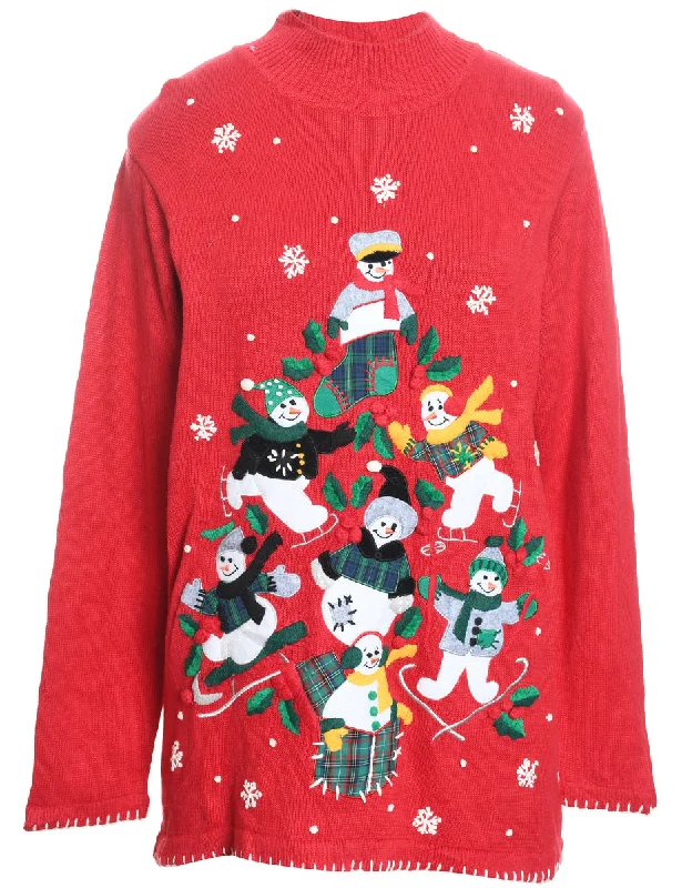 Snowman Design Red Embroidered Christmas Jumper - M Seamless Knitted Crochet