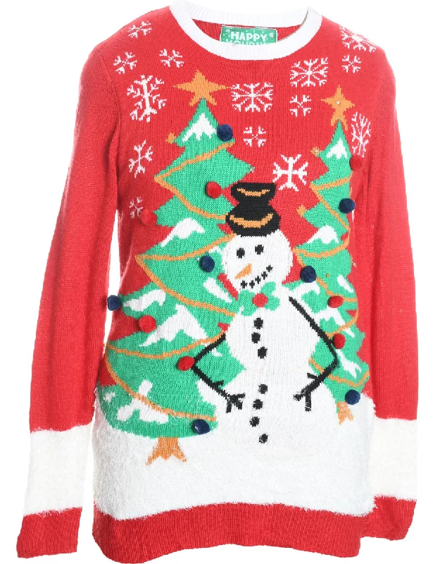 Snowman Design Red, Green & White Jumper - M Mesh Blend Leather Blend Suede Blend