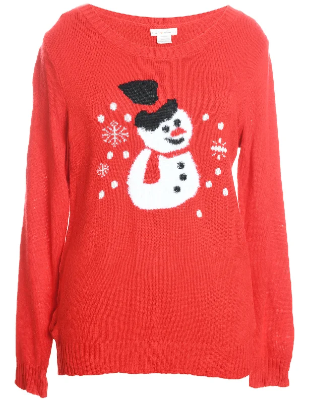 Snowman Design Red Knit Christmas Jumper - L Welt Pockets Slit Pockets Flap Pockets