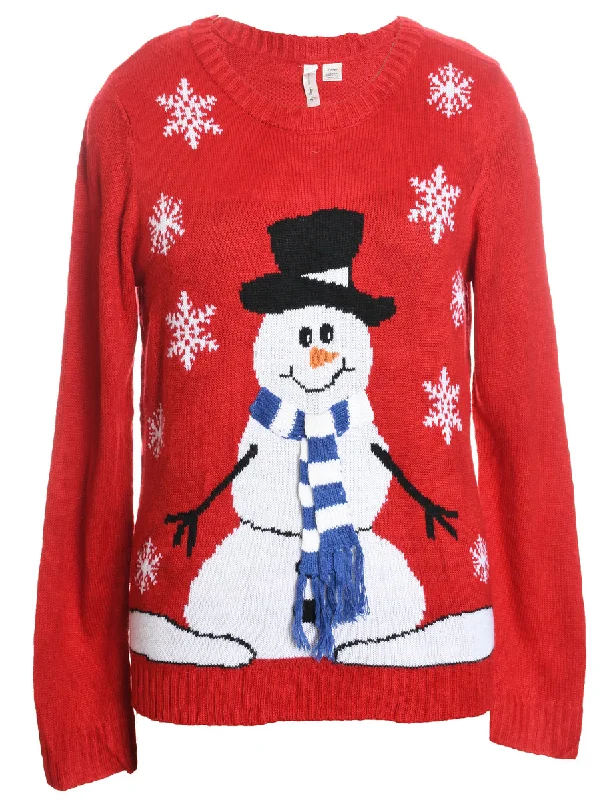 Snowman Design Red Knit Christmas Jumper - L Chenille Brocade Lace