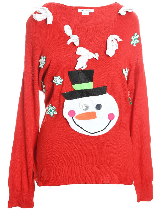 Snowman Design Red Knit Christmas Jumper - L Layered Multi-layer Single Layer