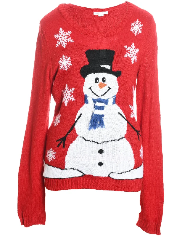 Snowman Design Red Knit Christmas Jumper - XL Zippered Front Buttoned Front Snap Front