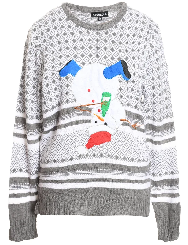 Snowman Design White & Grey Knit Christmas Jumper - L Collared Crew Neck Turtle Neck