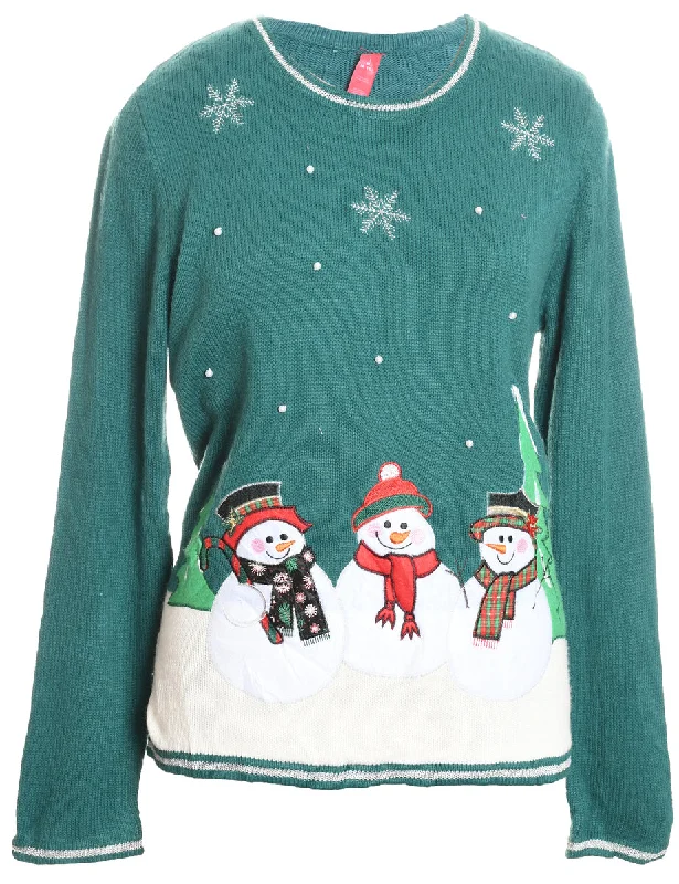 Snowman Green Appliqued Christmas Jumper - M Long Sweater Short Sweater Cropped Sweater