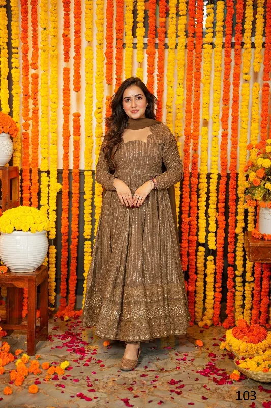 Sonakshi Women's Brown Faux Georgette Zari Embroidery with Sequence Anarkali Dress with Dupatta