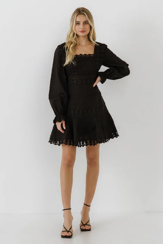Endless Rose - Square Neckline Lace Trim Dress