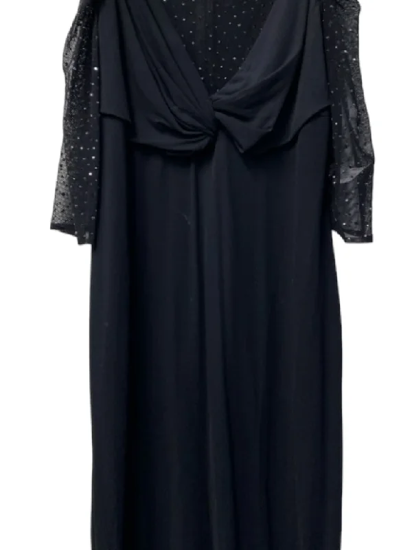 St John Size 8 Black Viscose Blend Rhinestone Net Sleeves Net Neckline Dress