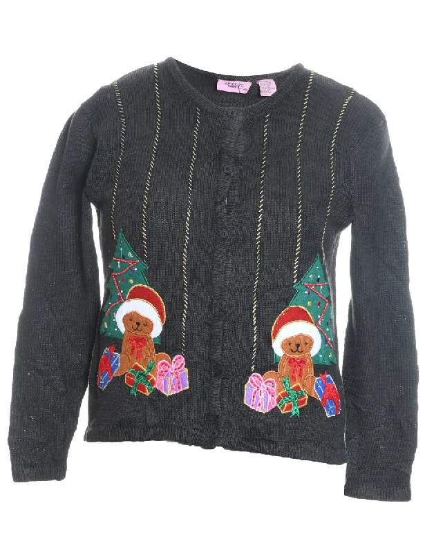 Teddy Bear Print Christmas Jumper - L Lightweight Heavyweight Midweight